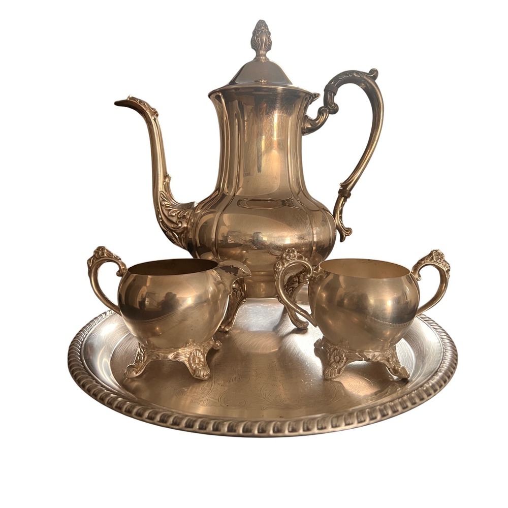 Silver Plate‎ Tea Set Silver 4pc Teapot Creamer Sugar Tray Vintage Victorian